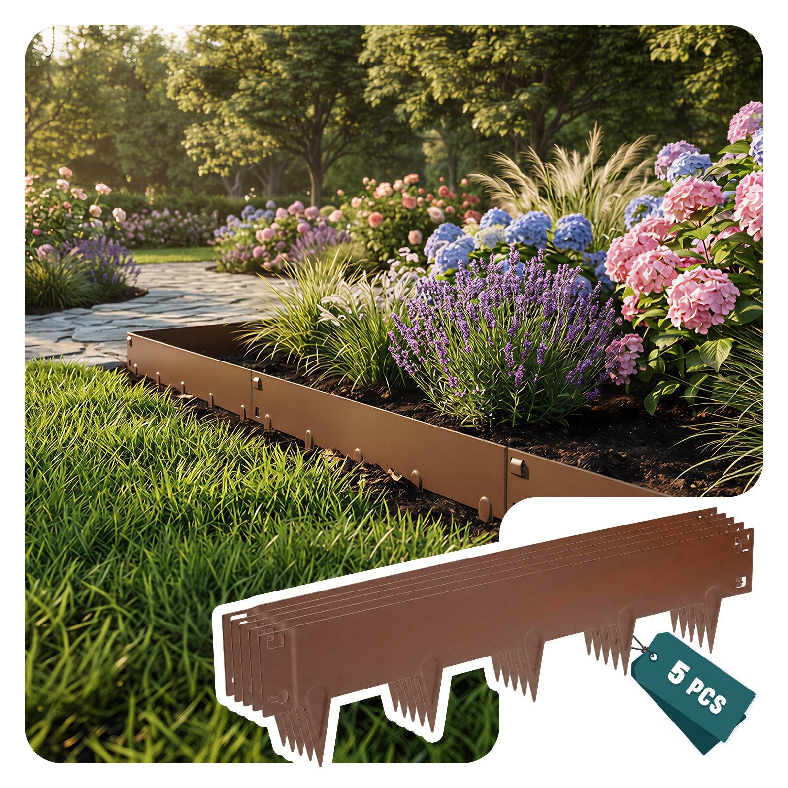 Lot de 5 Bordure de jardin en métal galvanisé 106x18cm marron - épaisseur 1.5mm - clôture flexible et résistante 5M - VOUNOT® - Image 1