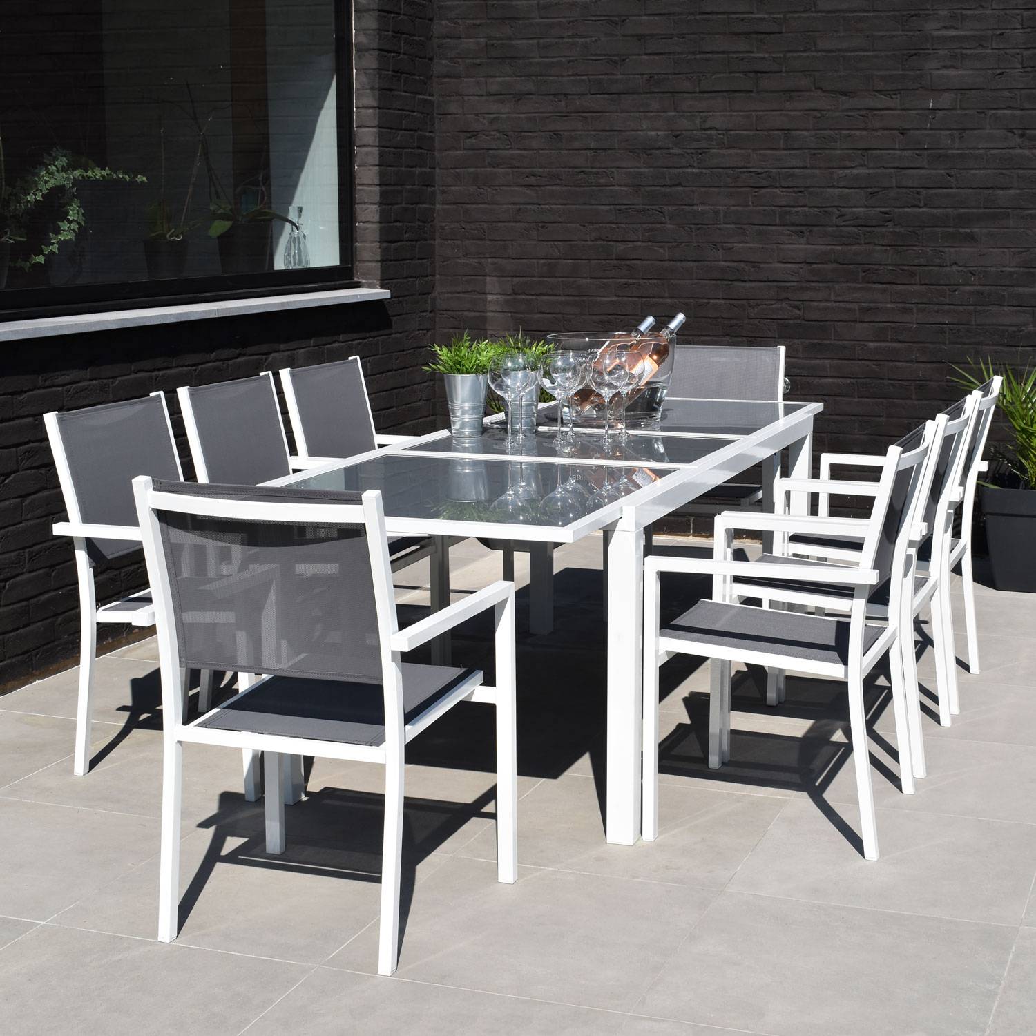 Happy Garden - Salon de jardin FIRENZE extensible en textilène gris 8 places - aluminium blanc - HAPPY GARDEN - Imagen 4