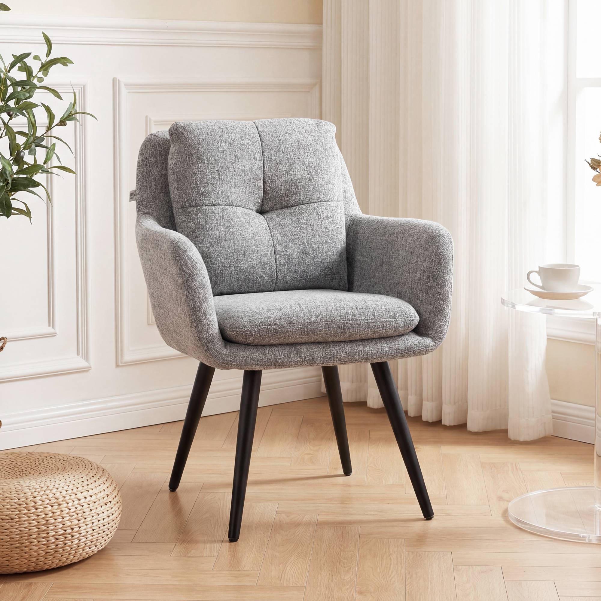 Fauteuil d'appoint moderne, fauteuil rembourré avec pieds en métal, aspect lin, gris clair - Image 3