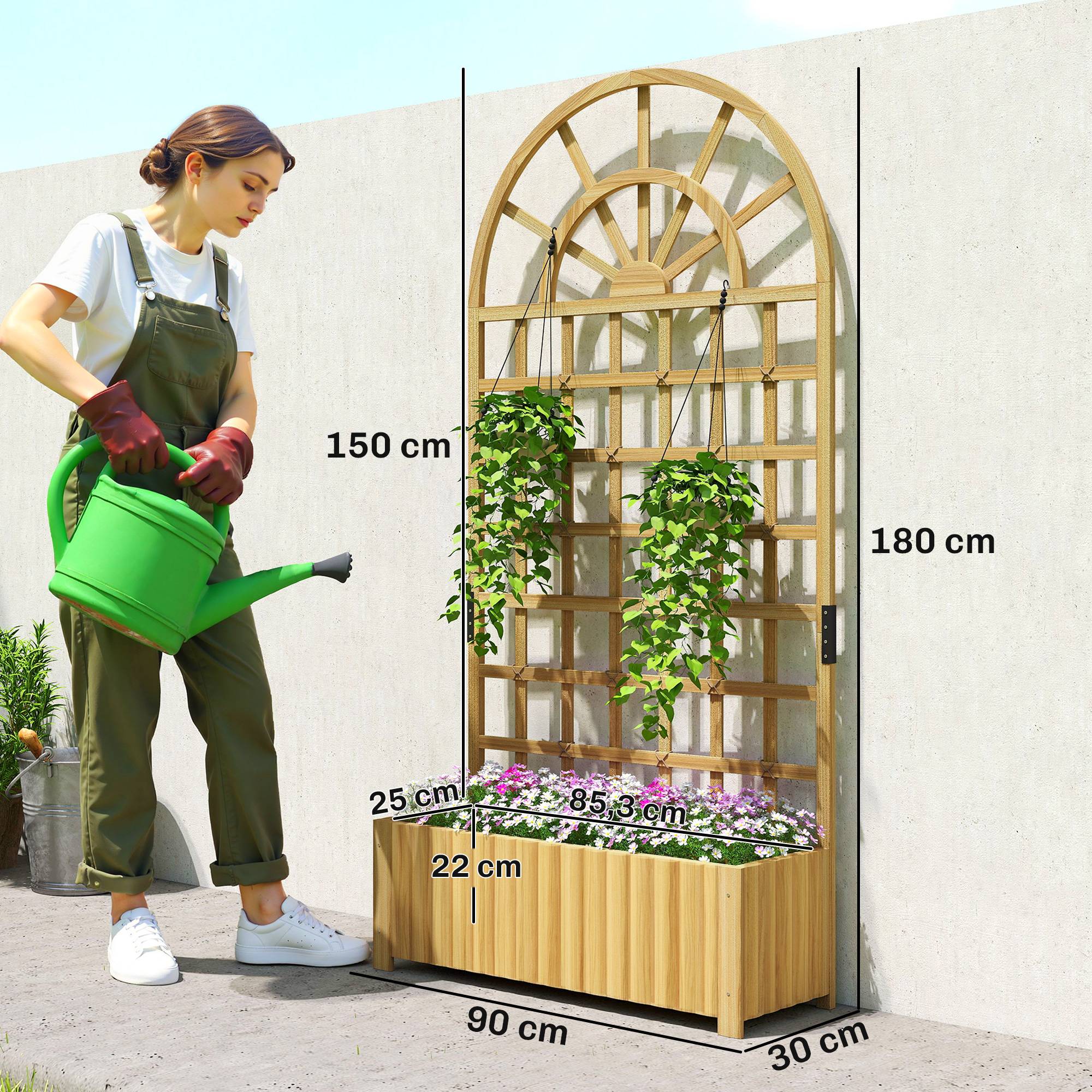 Jardinière treillis en bois avec drainage pour la culture de légumes, fleurs et herbes aromatiques, 90 x 30 x 180 cm, naturelle - Image 5