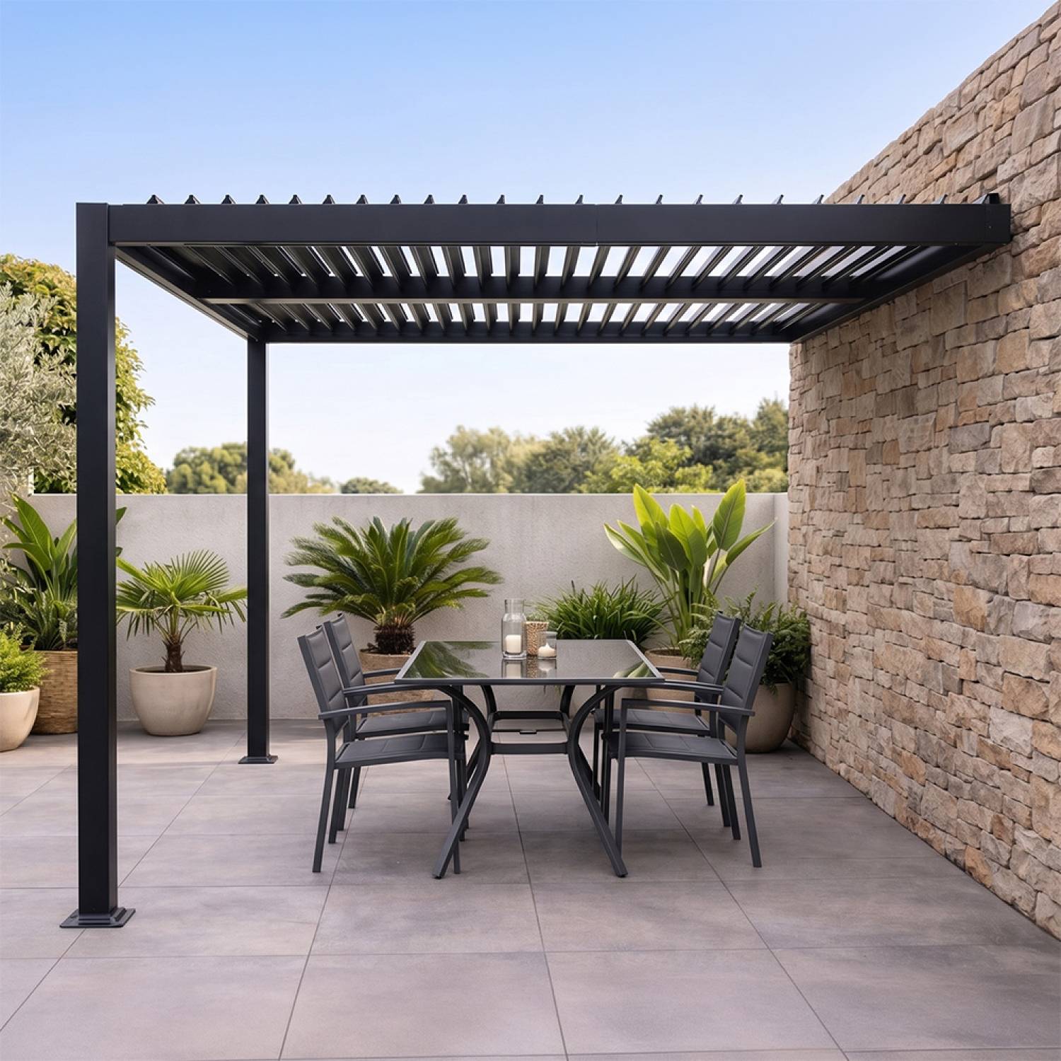 Pergola bioclimatique adossée en aluminium noir 3x3m SIFNOS - Image 5