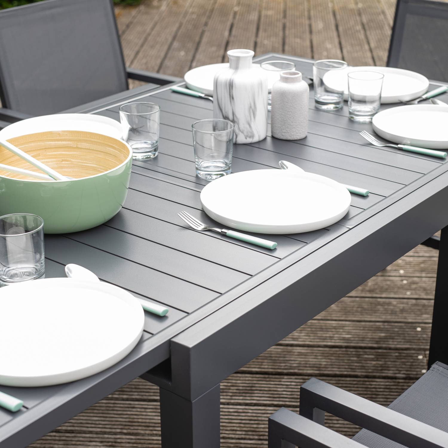 Happy Garden - Salon de jardin VENEZIA extensible 90/180 en textilène gris 8 places - aluminium anthracite - HAPPY GARDEN - Imagen 8