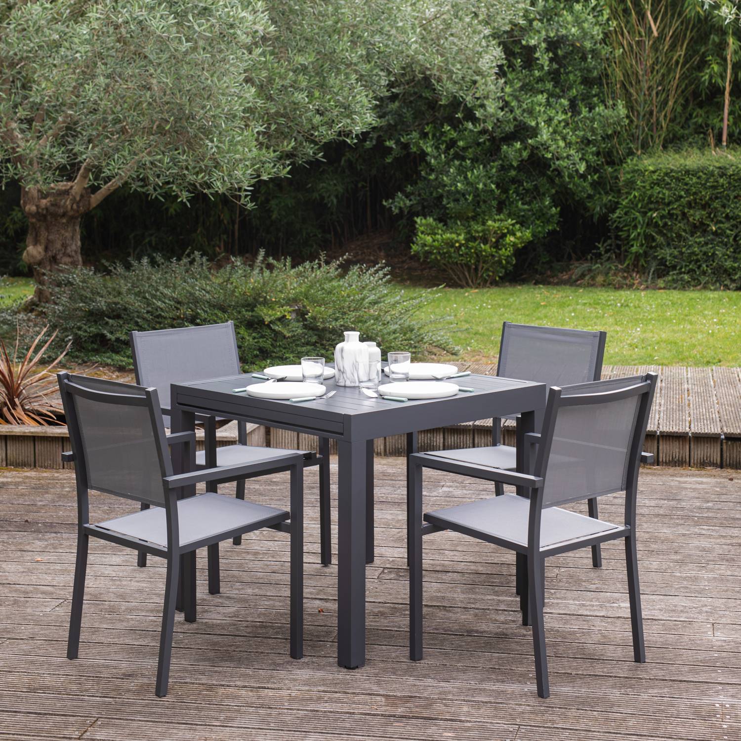 Happy Garden - Salon de jardin VENEZIA extensible 90/180 en textilène gris 8 places - aluminium anthracite - HAPPY GARDEN - Imagen 4