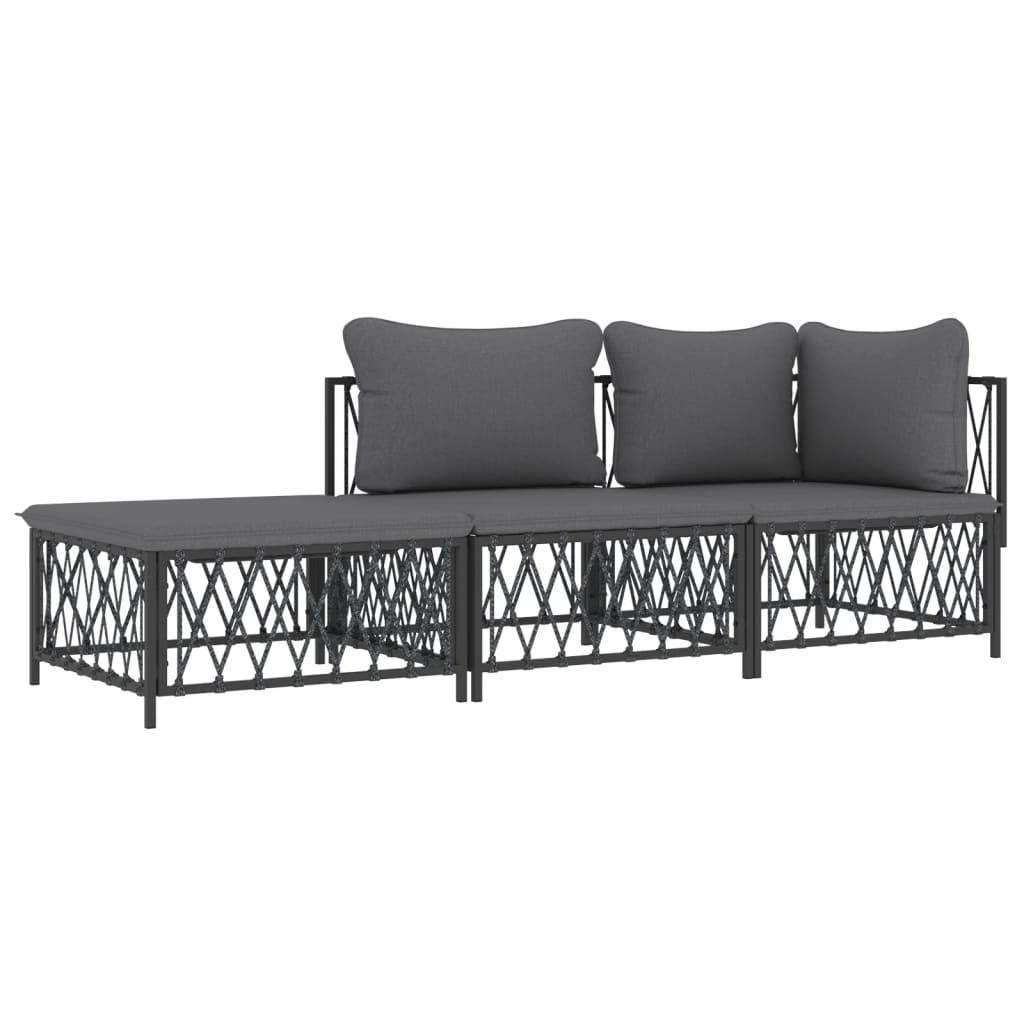 Salon de jardin meuble d'extérieur ensemble de mobilier avec coussins 3 pièces anthracite acier - Image 1