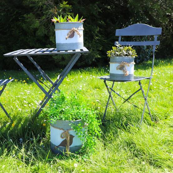~ Set de 3 caches pots en métal blanc gris et marron Ø.20.5-23.5-27 cm Chemin de campagne - Imagen 3
