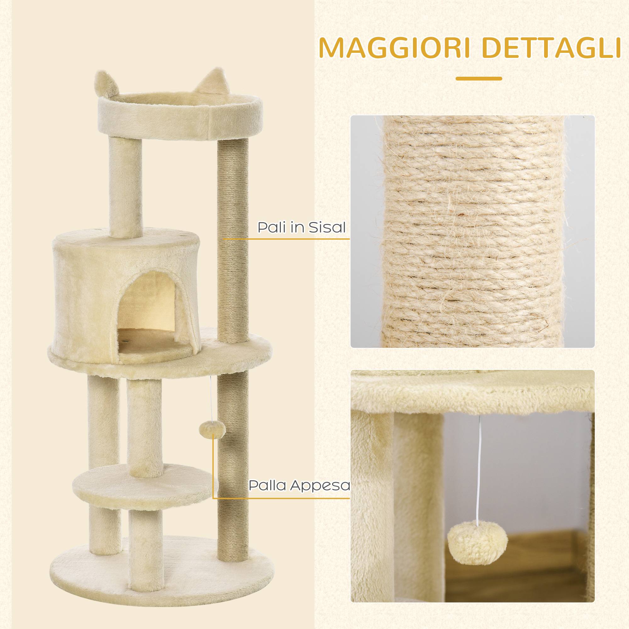 Arbre à chat pour chats adultes avec couchage spacieux et plateforme, 104 cm, blanc crème - Image 7