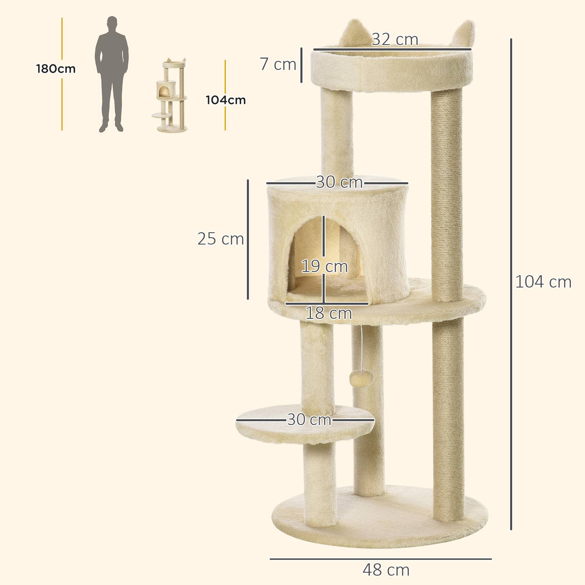 Arbre à chat pour chats adultes avec couchage spacieux et plateforme, 104 cm, blanc crème - Image 5