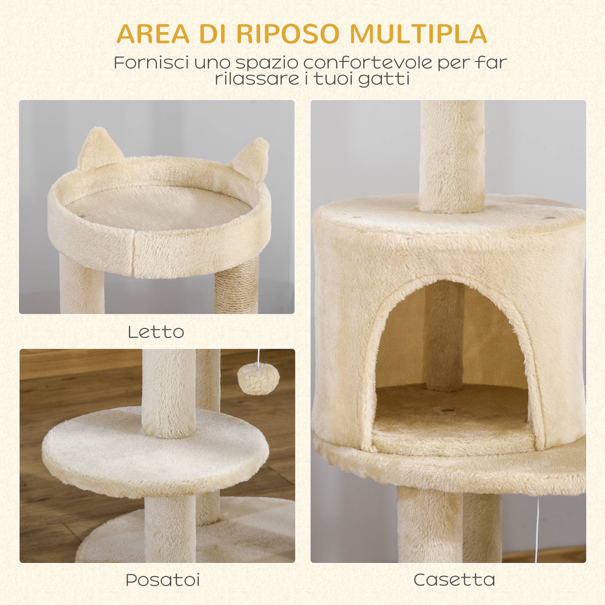 Arbre à chat pour chats adultes avec couchage spacieux et plateforme, 104 cm, blanc crème - Image 6