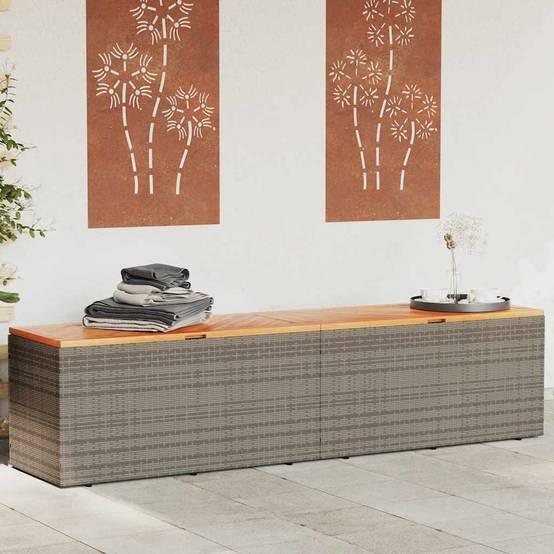 Très Grand Coffre Rangement Banc Résine Tressée et Bois pour Extérieur Gris 220x50x54 cm – ComfortXL Outdoor Living - Image 1