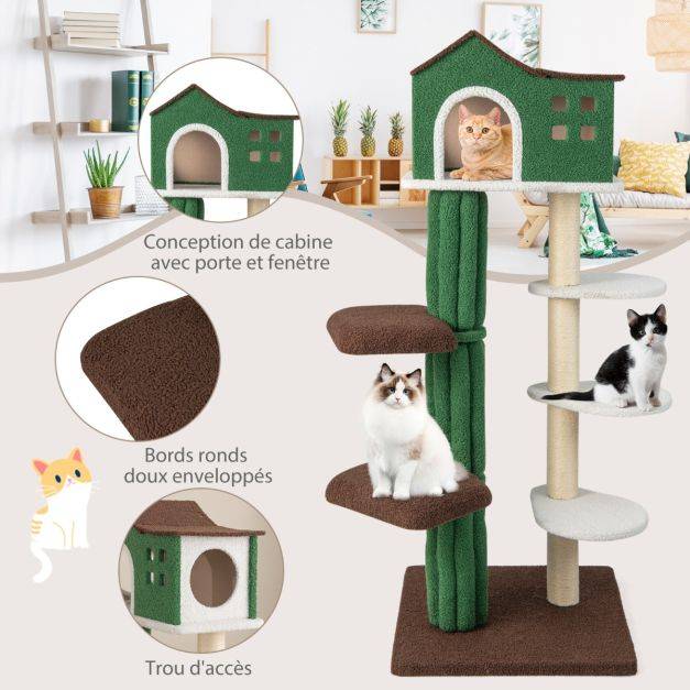 Helloshop26 - Arbre à chat de 153 cm avec 5 plateformes de saut rotative et condo tour de jeu pour chat avec dispositif anti-renversement vert - Imagen 6