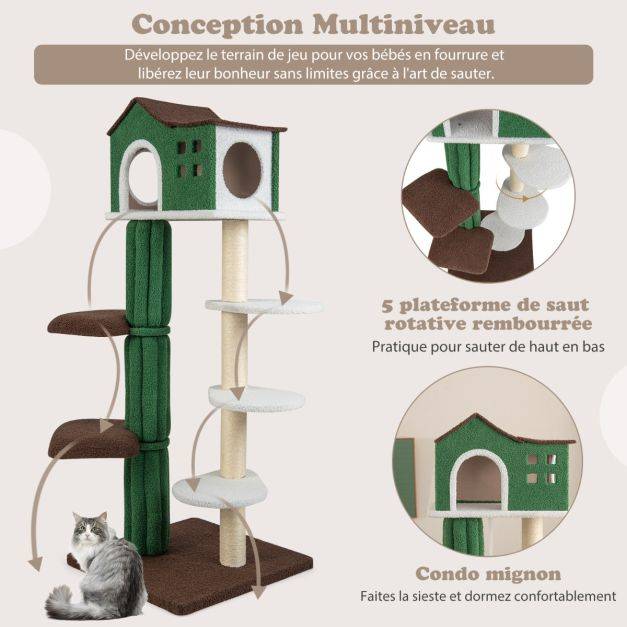 Helloshop26 - Arbre à chat de 153 cm avec 5 plateformes de saut rotative et condo tour de jeu pour chat avec dispositif anti-renversement vert - Imagen 3