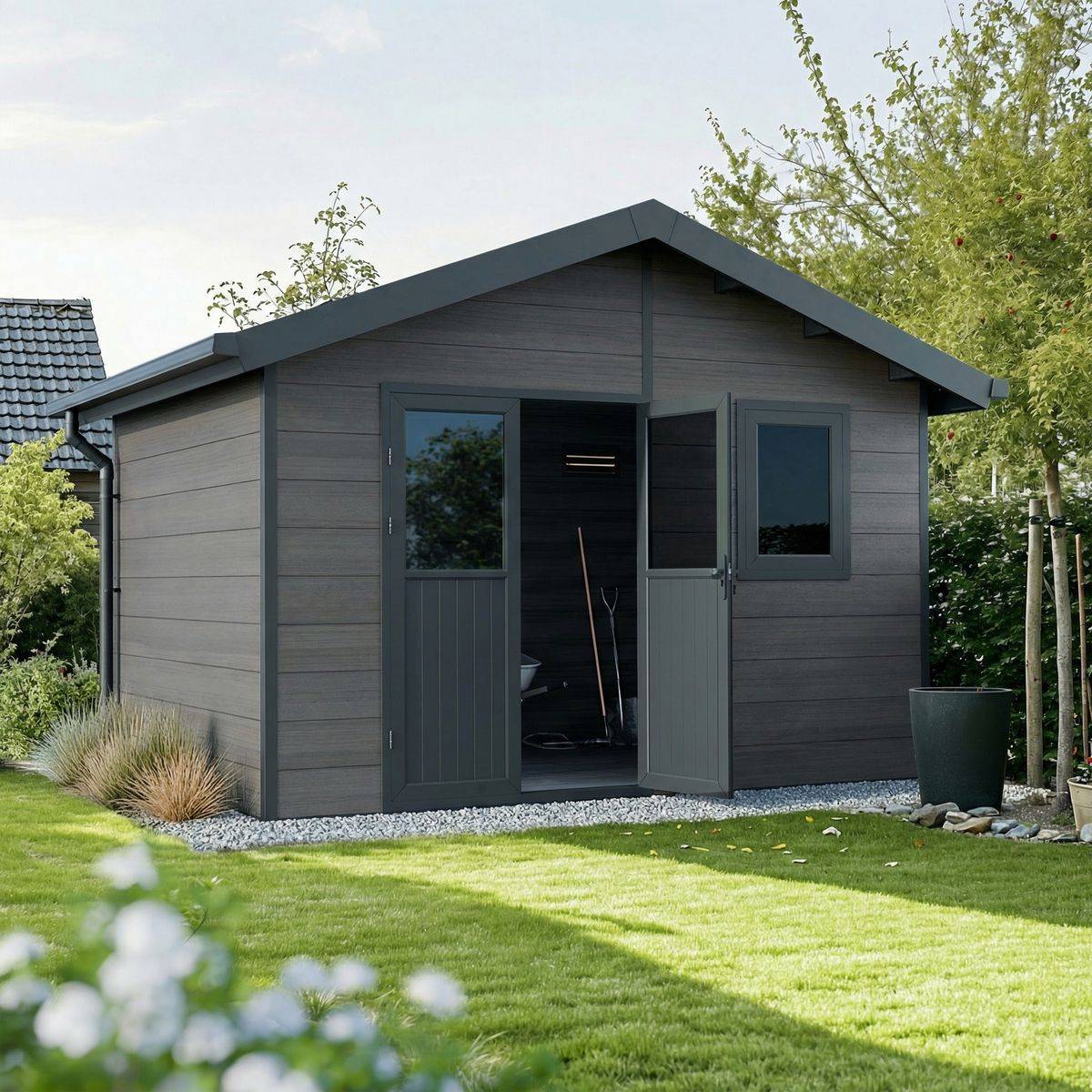 Direct Abris - Abri de Jardin Composite ISORA - 12m2 Gris - Cabane Atelier / Abri Velo