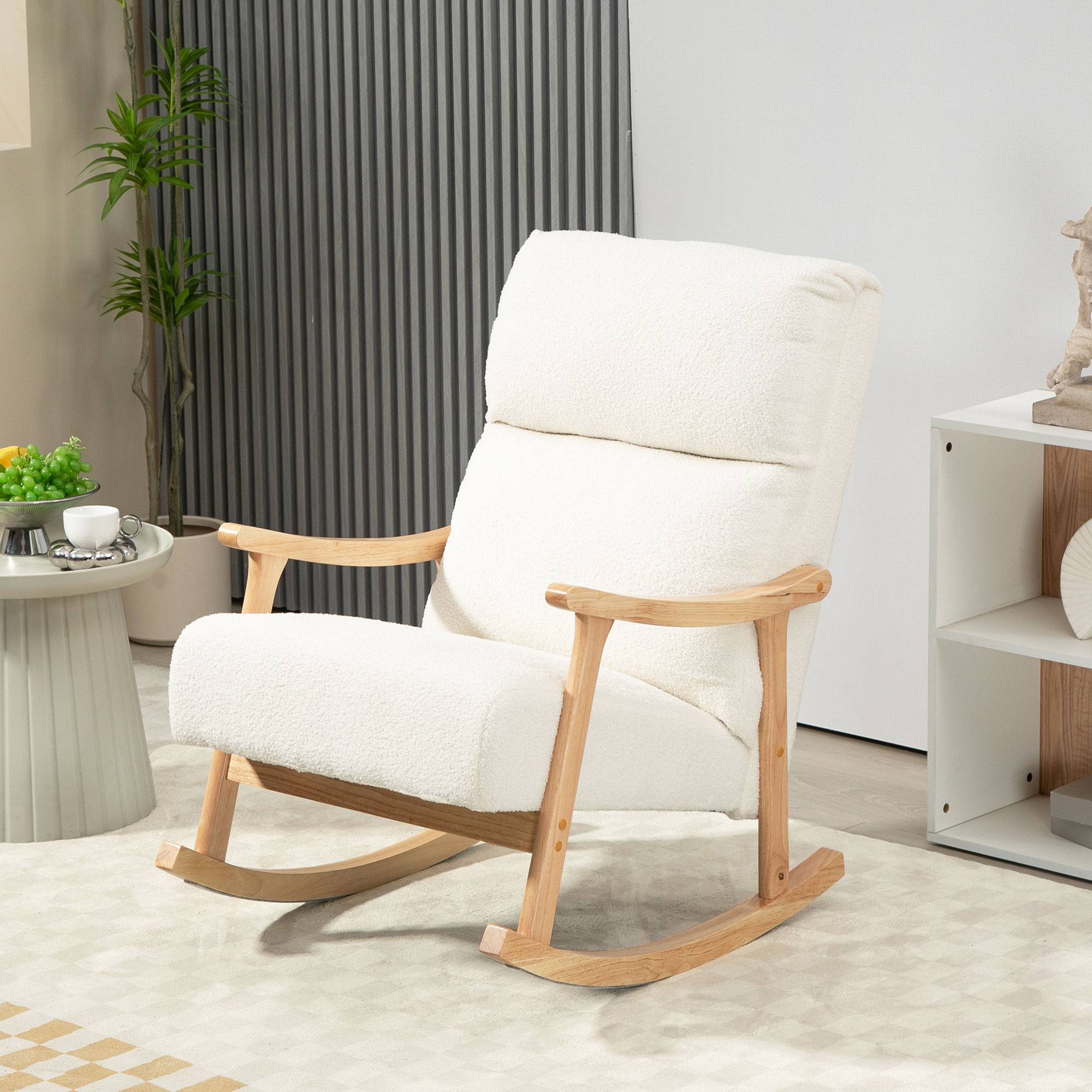 Sans Marque - Fauteuil à bascule, rocking chair en velours teddy avec assise rembourré, dossier ergonomique, 65 x 90 x 98 cm, crème - Image 4