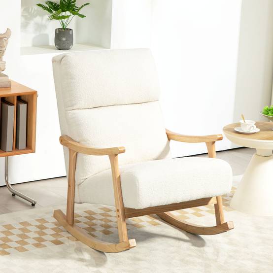 Sans Marque - Fauteuil à bascule, rocking chair en velours teddy avec assise rembourré, dossier ergonomique, 65 x 90 x 98 cm, crème - Image 3
