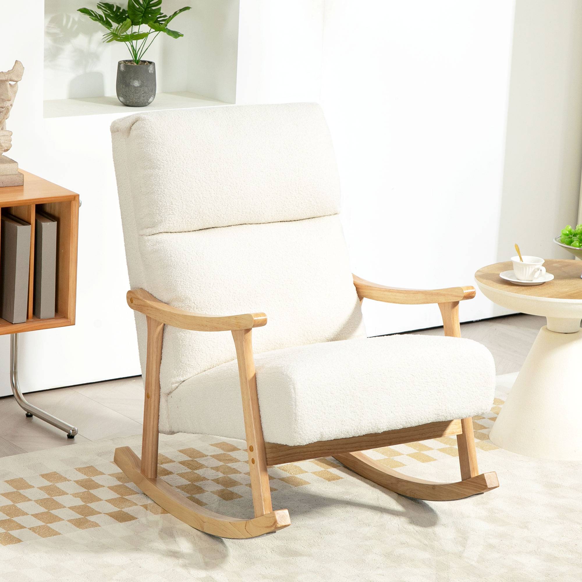 Sans Marque - Fauteuil à bascule, rocking chair en velours teddy avec assise rembourré, dossier ergonomique, 65 x 90 x 98 cm, crème - Image 3