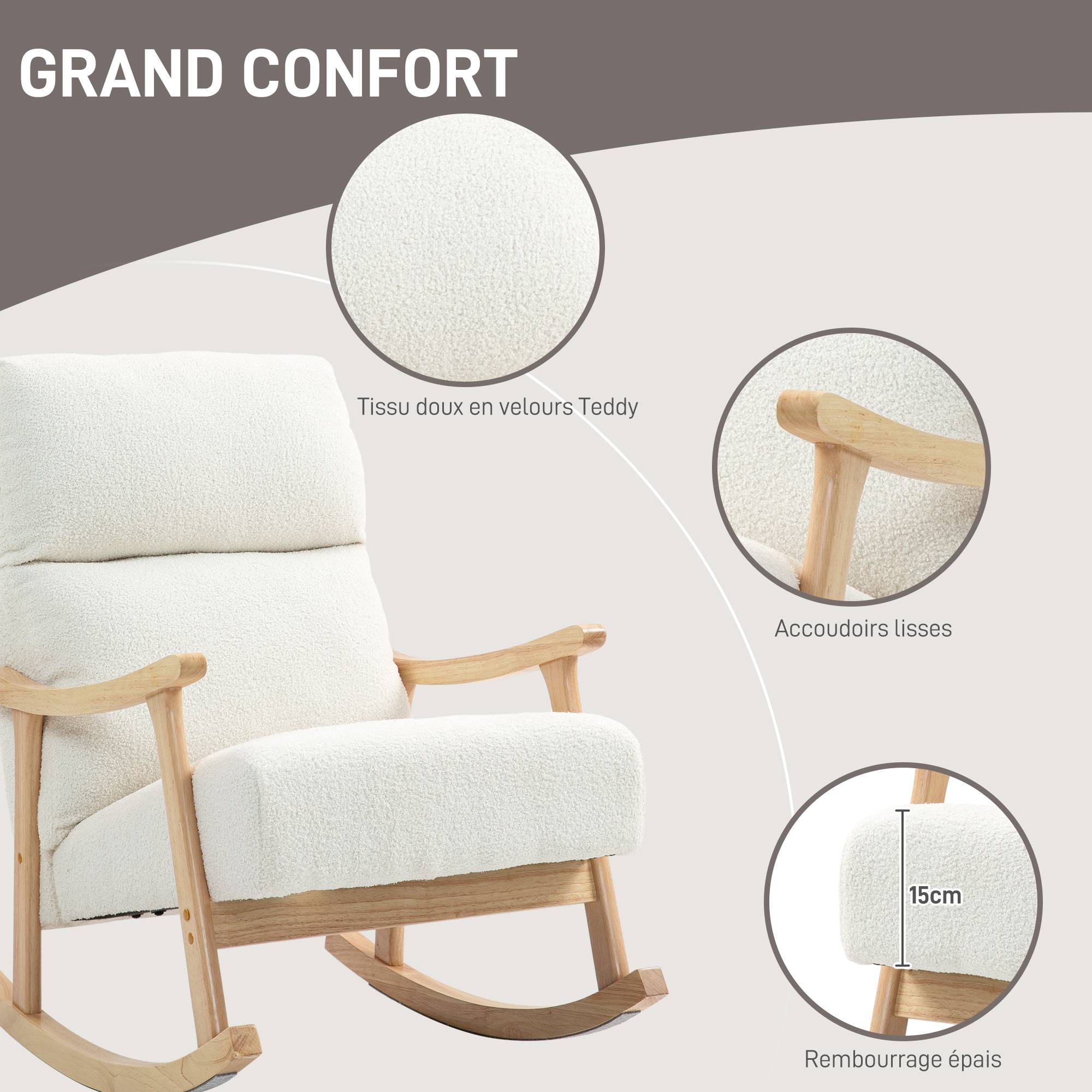 Sans Marque - Fauteuil à bascule, rocking chair en velours teddy avec assise rembourré, dossier ergonomique, 65 x 90 x 98 cm, crème - Image 8
