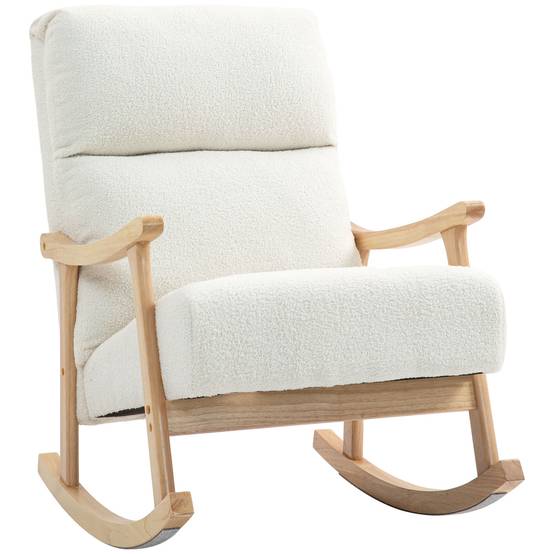 Sans Marque - Fauteuil à bascule, rocking chair en velours teddy avec assise rembourré, dossier ergonomique, 65 x 90 x 98 cm, crème - Image 1