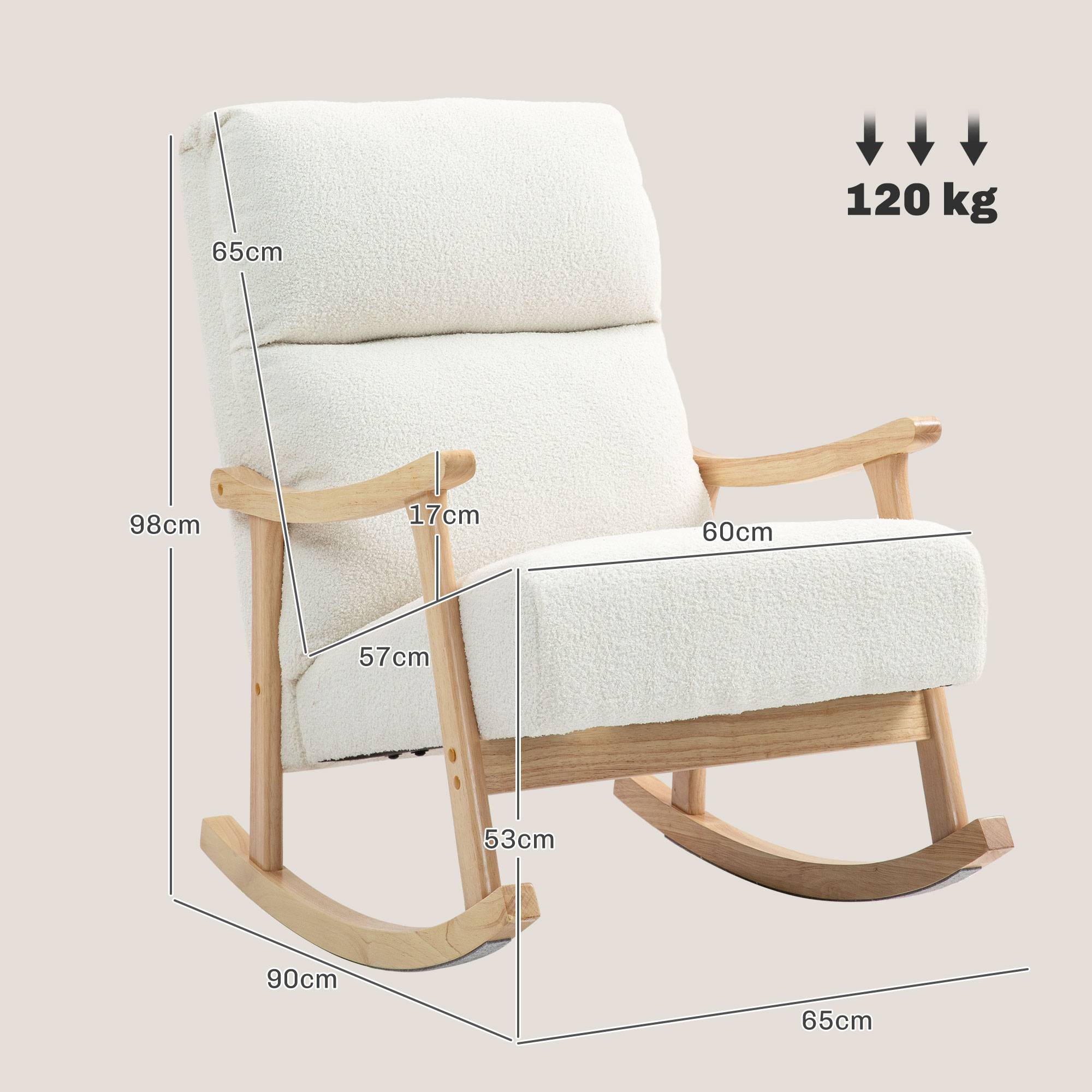 Sans Marque - Fauteuil à bascule, rocking chair en velours teddy avec assise rembourré, dossier ergonomique, 65 x 90 x 98 cm, crème - Image 5