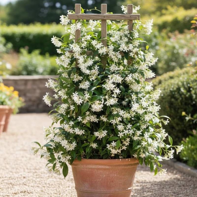 Jasmin étoilé, Jasmin persistant blanc, Trachelospermum à fleurs Blanche - feuillage Persistant - Pot de 10L - 200/300 cm sur ficelle-  hauteur à matu - Imagen 3
