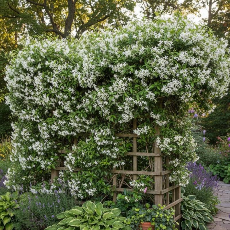 Jasmin étoilé, Jasmin persistant blanc, Trachelospermum à fleurs Blanche - feuillage Persistant - Pot de 10L - 200/300 cm sur ficelle-  hauteur à matu - Imagen 5