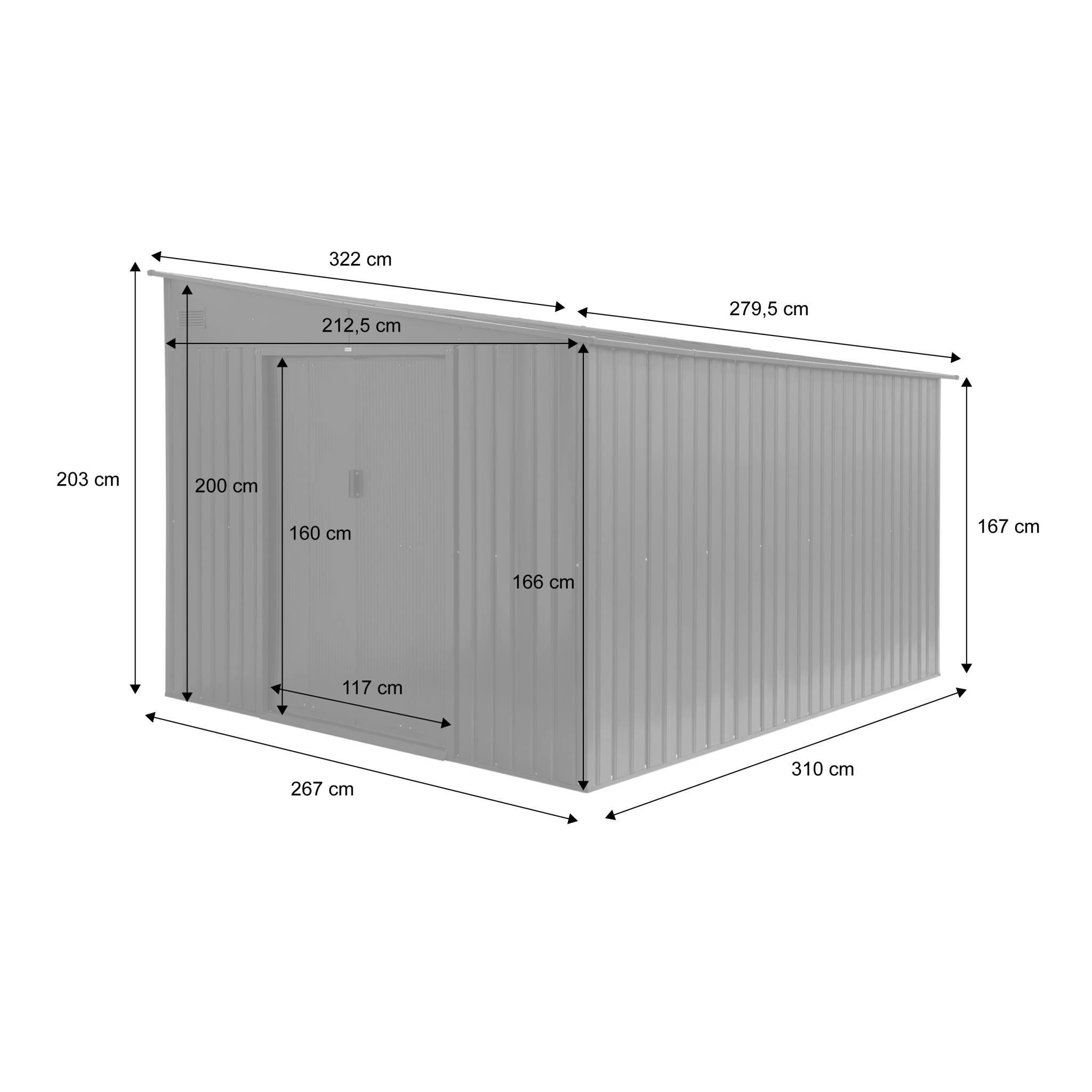 Abri de jardin adossable acier 8.96m² avec kit d'ancrage anthracite L 277.5 x l 322 x H 203 cm - Ornay | sweeek - Image 4