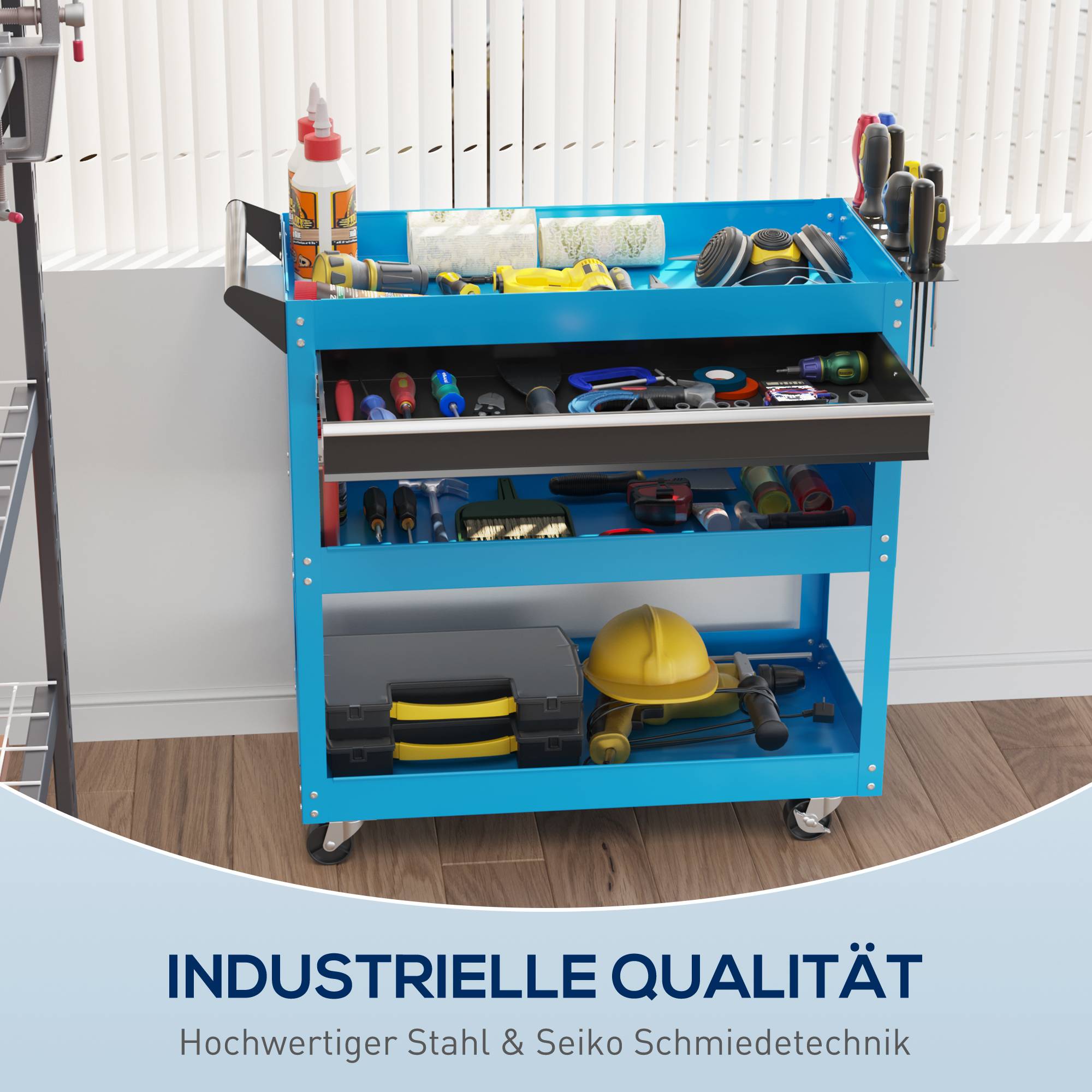 Sans Marque - Valise à outils chariot à outils boîte à outils, 3 niveaux, 4 roulettes, 82 cm x 35 cm x 76 cm, bleu - Image 8
