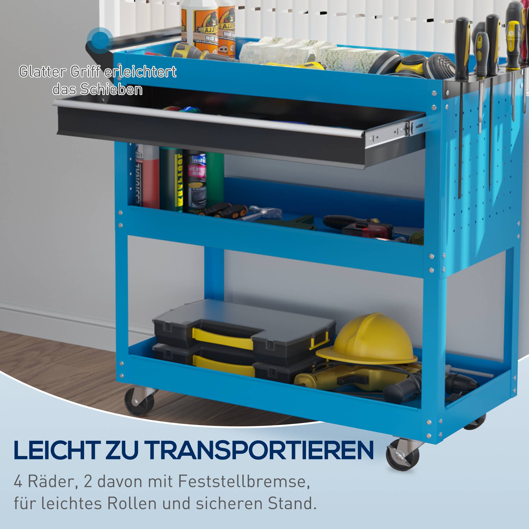 Sans Marque - Valise à outils chariot à outils boîte à outils, 3 niveaux, 4 roulettes, 82 cm x 35 cm x 76 cm, bleu - Image 6