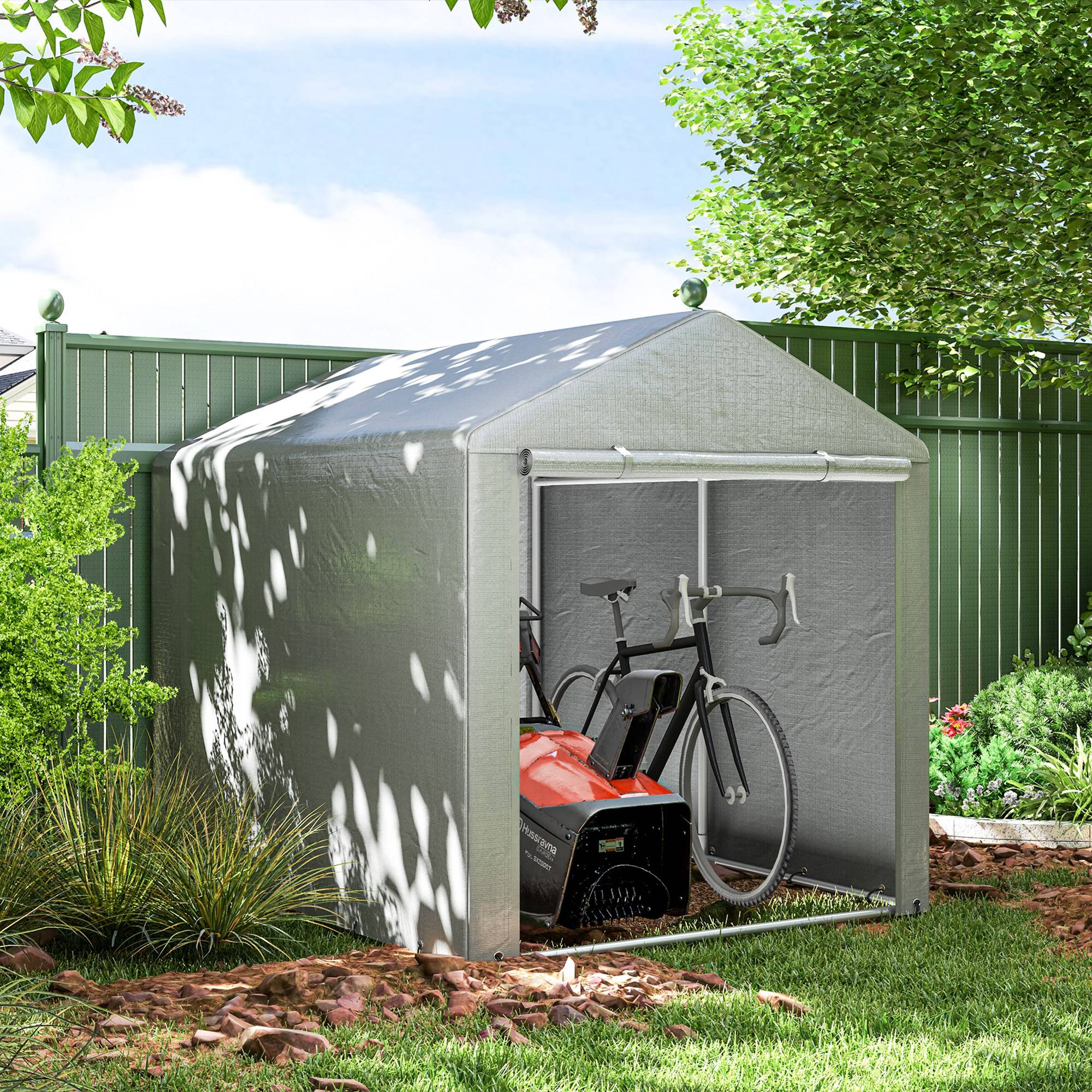 Abri à vélo gris clair 1,6x2,2x1,7 m avec 2 compartiments et porte zippée anti-UV, rangement extérieur design pratique pour vélos et équipement - Image 3