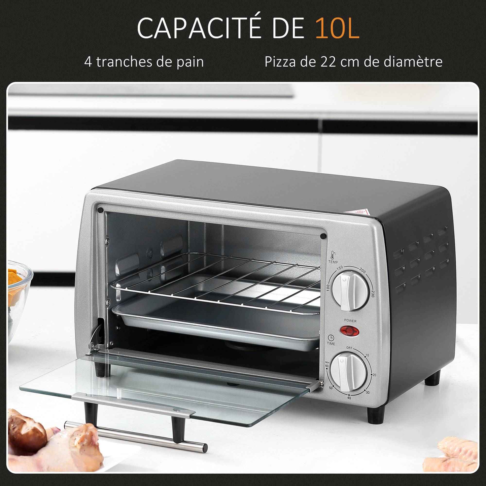 Mini four électrique 10L avec grille et plateau, température 100-230°C, minuterie 60min, 36,5x26x22cm - Image 6