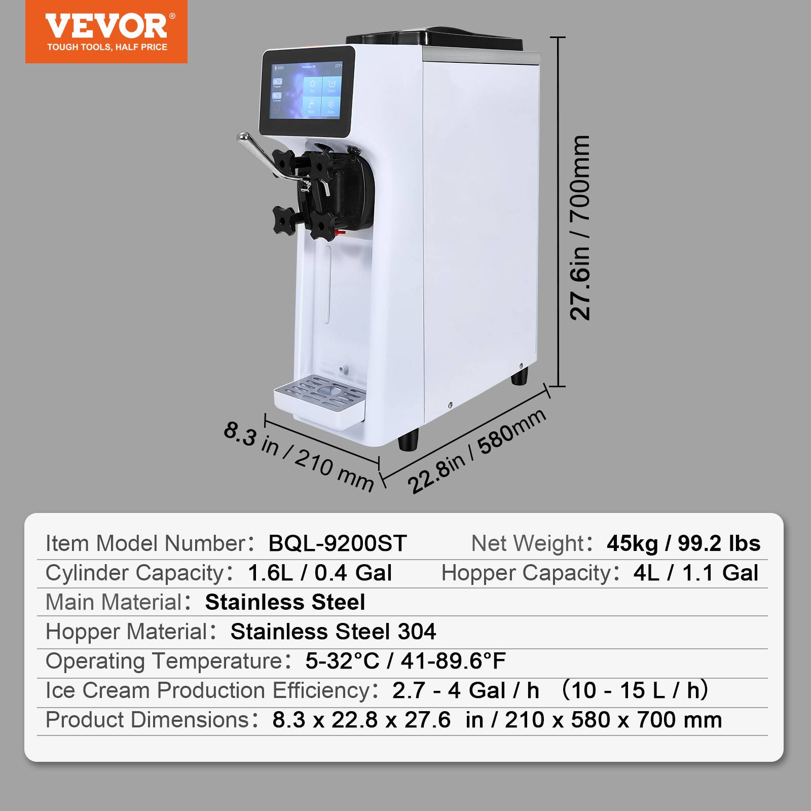 VEVOR Machine à glace italienne 10 L/h 900W, 1 saveur, trémie inox 4L, pré-refroidissement auto, écran tactile. - Image 7