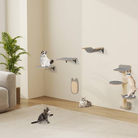 Arbre à Chat Mural Meubles avec 4 Niveaux Hamac Planche à Griffer & Tapis 2 Plateformes de Saut Arbre à Grimper Économiseur d'Espace Gris - Image 5