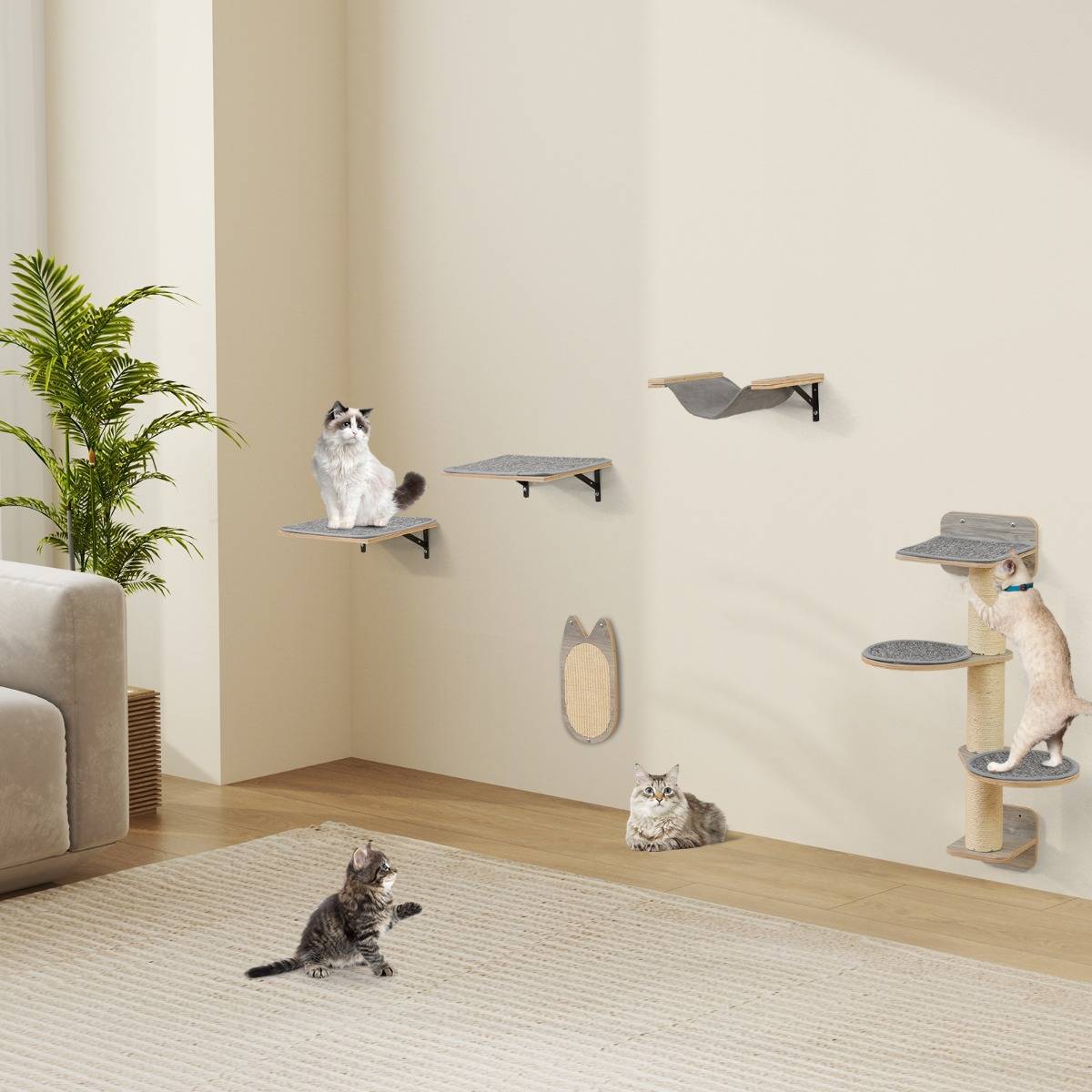 Arbre à Chat Mural Meubles avec 4 Niveaux Hamac Planche à Griffer & Tapis 2 Plateformes de Saut Arbre à Grimper Économiseur d'Espace Gris - Image 2