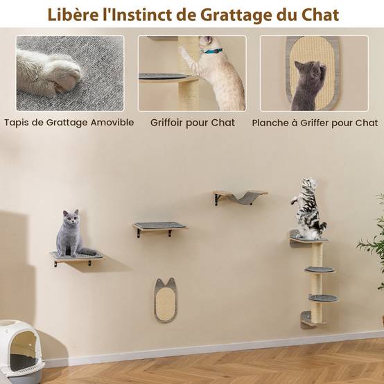 Arbre à Chat Mural Meubles avec 4 Niveaux Hamac Planche à Griffer & Tapis 2 Plateformes de Saut Arbre à Grimper Économiseur d'Espace Gris - Image 7