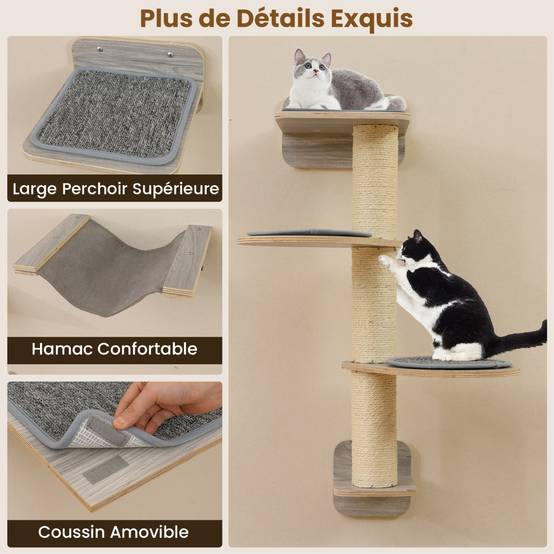 Arbre à Chat Mural Meubles avec 4 Niveaux Hamac Planche à Griffer & Tapis 2 Plateformes de Saut Arbre à Grimper Économiseur d'Espace Gris - Image 6