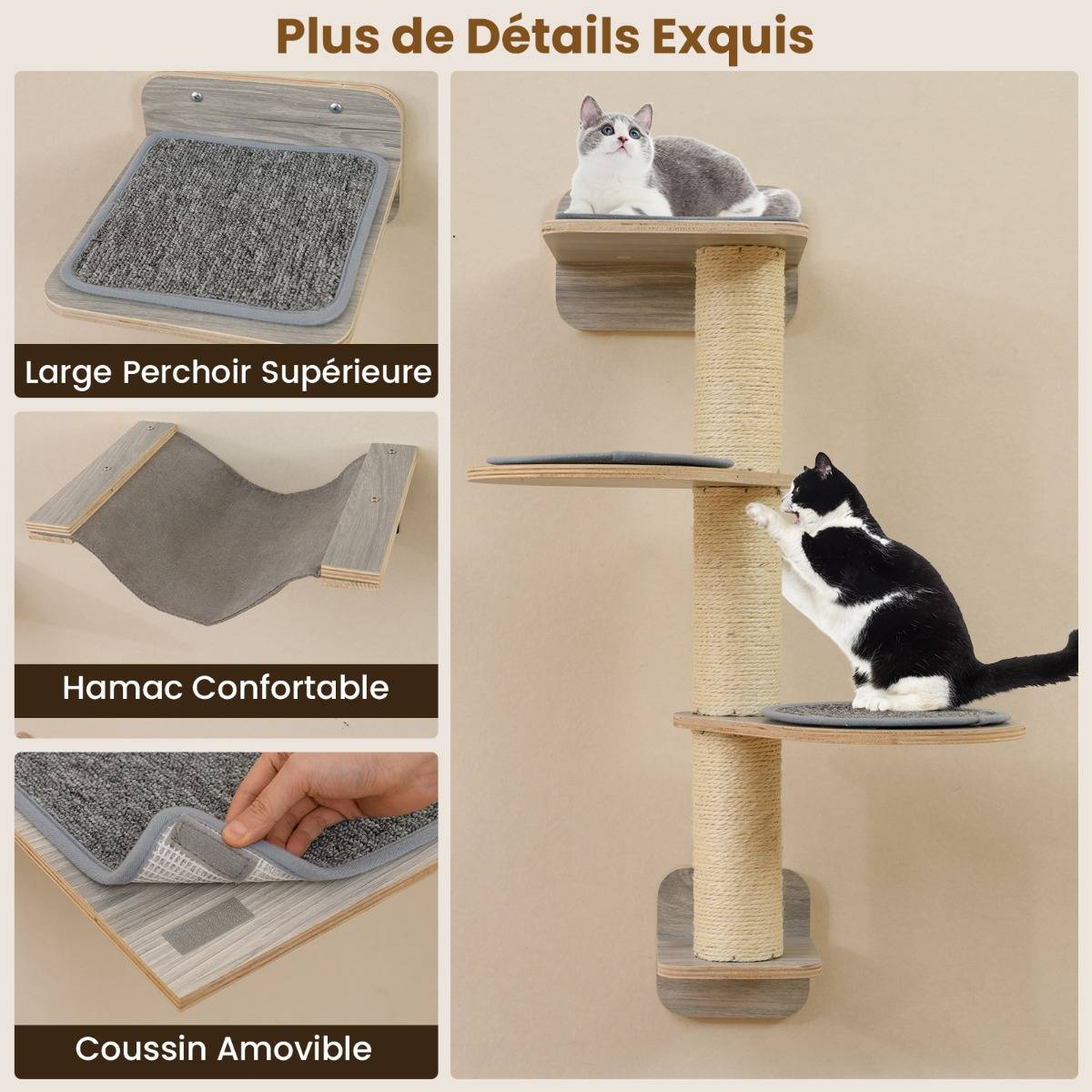 Arbre à Chat Mural Meubles avec 4 Niveaux Hamac Planche à Griffer & Tapis 2 Plateformes de Saut Arbre à Grimper Économiseur d'Espace Gris - Image 6