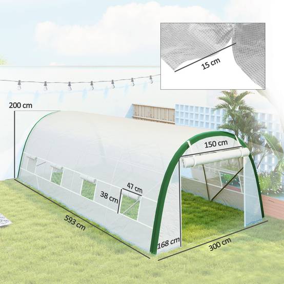 Serre de Jardin Tunnel 18 m² dim. 6L x 3l x 2H m - 8 fenêtres, Porte zippée Enroulable, Acier galvanisé, bâche PE, Blanc - Image 5