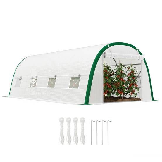 Serre de Jardin Tunnel 18 m² dim. 6L x 3l x 2H m - 8 fenêtres, Porte zippée Enroulable, Acier galvanisé, bâche PE, Blanc - Image 1