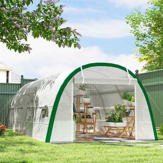 Serre de Jardin Tunnel 18 m² dim. 6L x 3l x 2H m - 8 fenêtres, Porte zippée Enroulable, Acier galvanisé, bâche PE, Blanc - Image 3