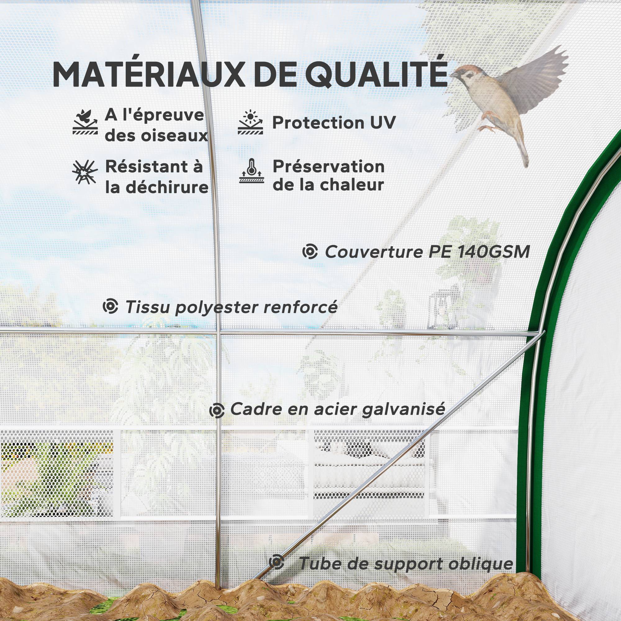 Serre de Jardin Tunnel 18 m² dim. 6L x 3l x 2H m - 8 fenêtres, Porte zippée Enroulable, Acier galvanisé, bâche PE, Blanc - Image 7