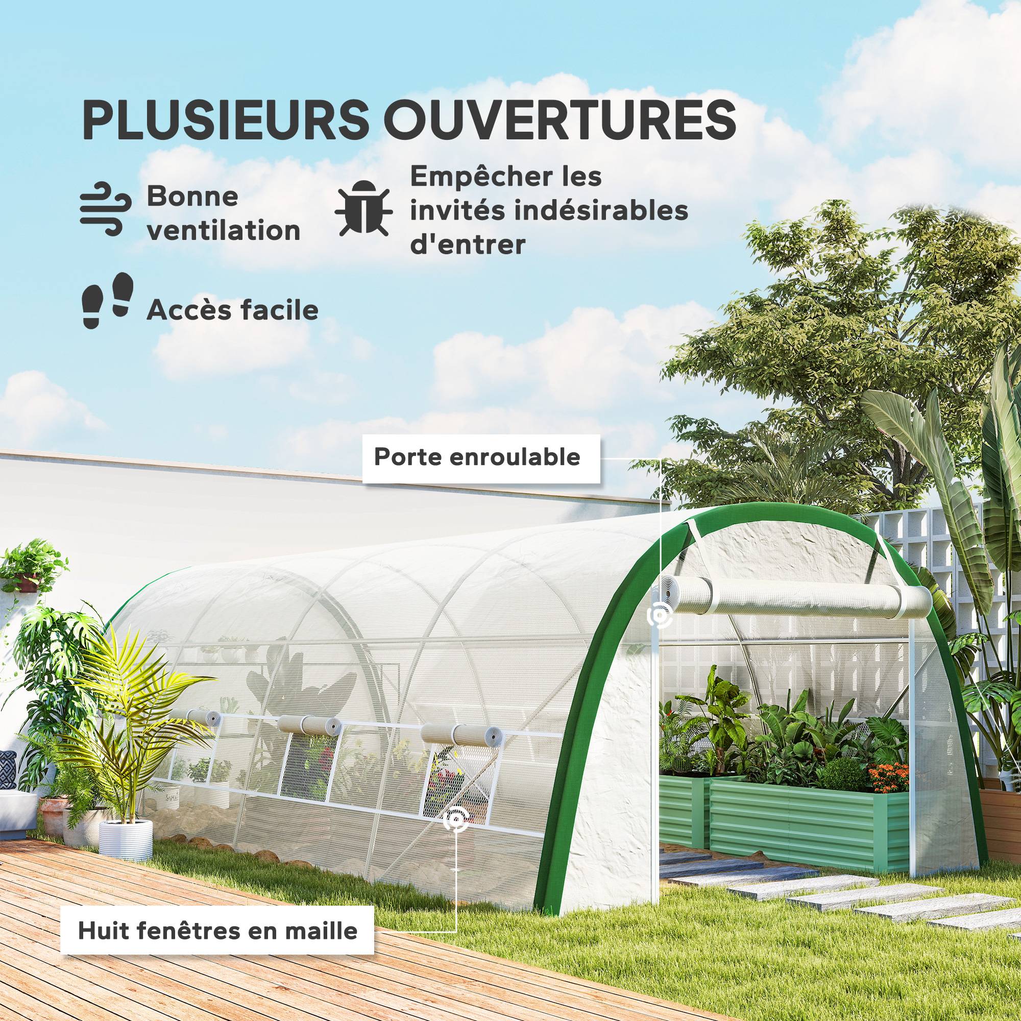 Serre de Jardin Tunnel 18 m² dim. 6L x 3l x 2H m - 8 fenêtres, Porte zippée Enroulable, Acier galvanisé, bâche PE, Blanc - Image 6