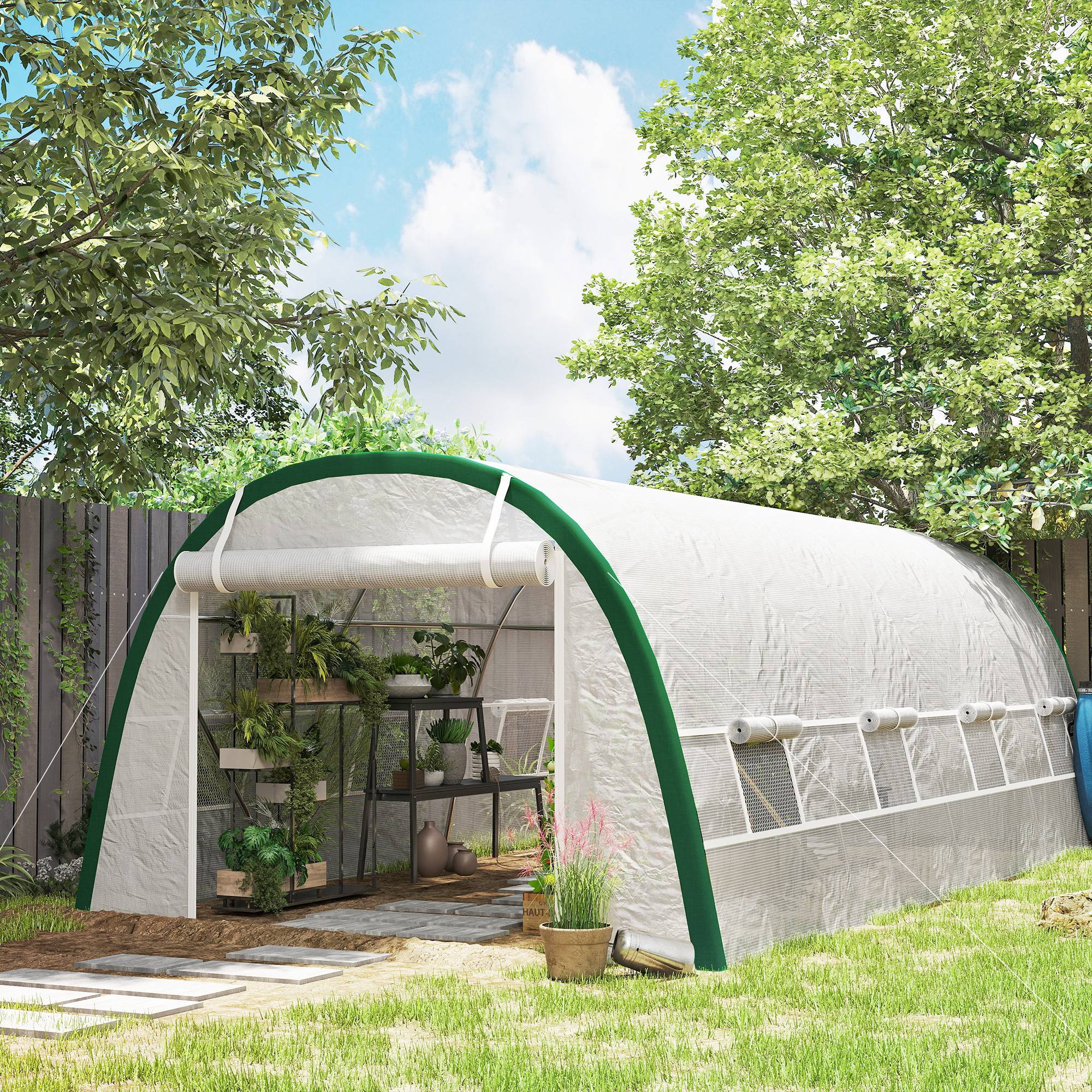 Serre de Jardin Tunnel 18 m² dim. 6L x 3l x 2H m - 8 fenêtres, Porte zippée Enroulable, Acier galvanisé, bâche PE, Blanc - Image 4
