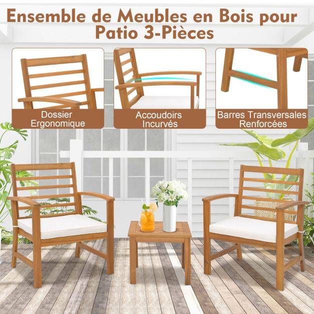 Helloshop26 - 3pcs salon de jardin en bois d'acacia 2 personnes conception à lattes coussins ensemble de table et 2 chaises blanc - Imagen 4