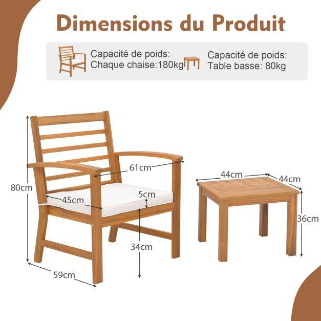 Helloshop26 - 3pcs salon de jardin en bois d'acacia 2 personnes conception à lattes coussins ensemble de table et 2 chaises blanc - Imagen 5
