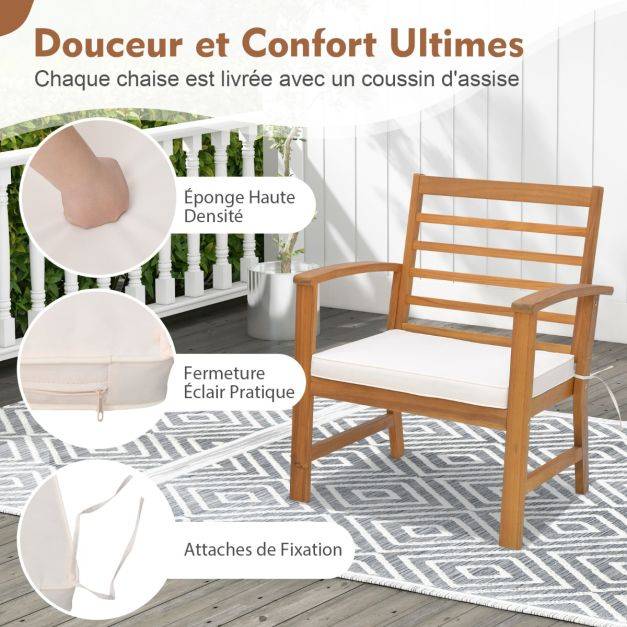 Helloshop26 - 3pcs salon de jardin en bois d'acacia 2 personnes conception à lattes coussins ensemble de table et 2 chaises blanc - Imagen 3