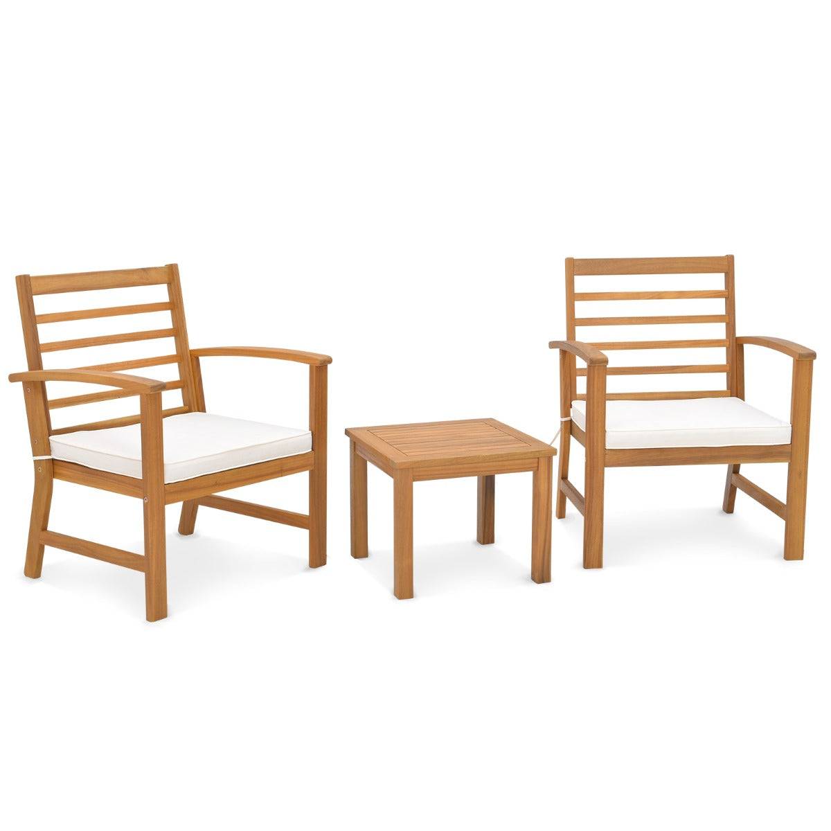 Helloshop26 - 3pcs salon de jardin en bois d'acacia 2 personnes conception à lattes coussins ensemble de table et 2 chaises blanc - Imagen 1