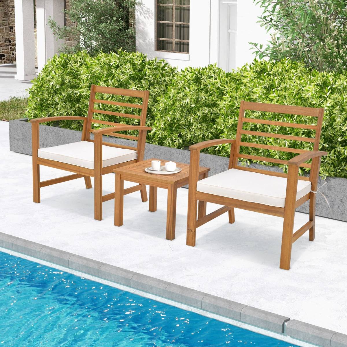 Helloshop26 - 3pcs salon de jardin en bois d'acacia 2 personnes conception à lattes coussins ensemble de table et 2 chaises blanc - Imagen 2