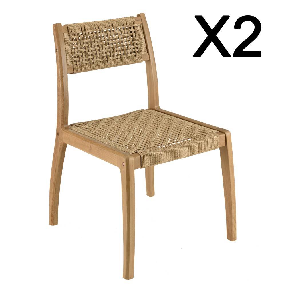 Macabane - VALERIA - Lot de 2 chaises jardin en bois de teck rotin tressé beige - Imagen 10