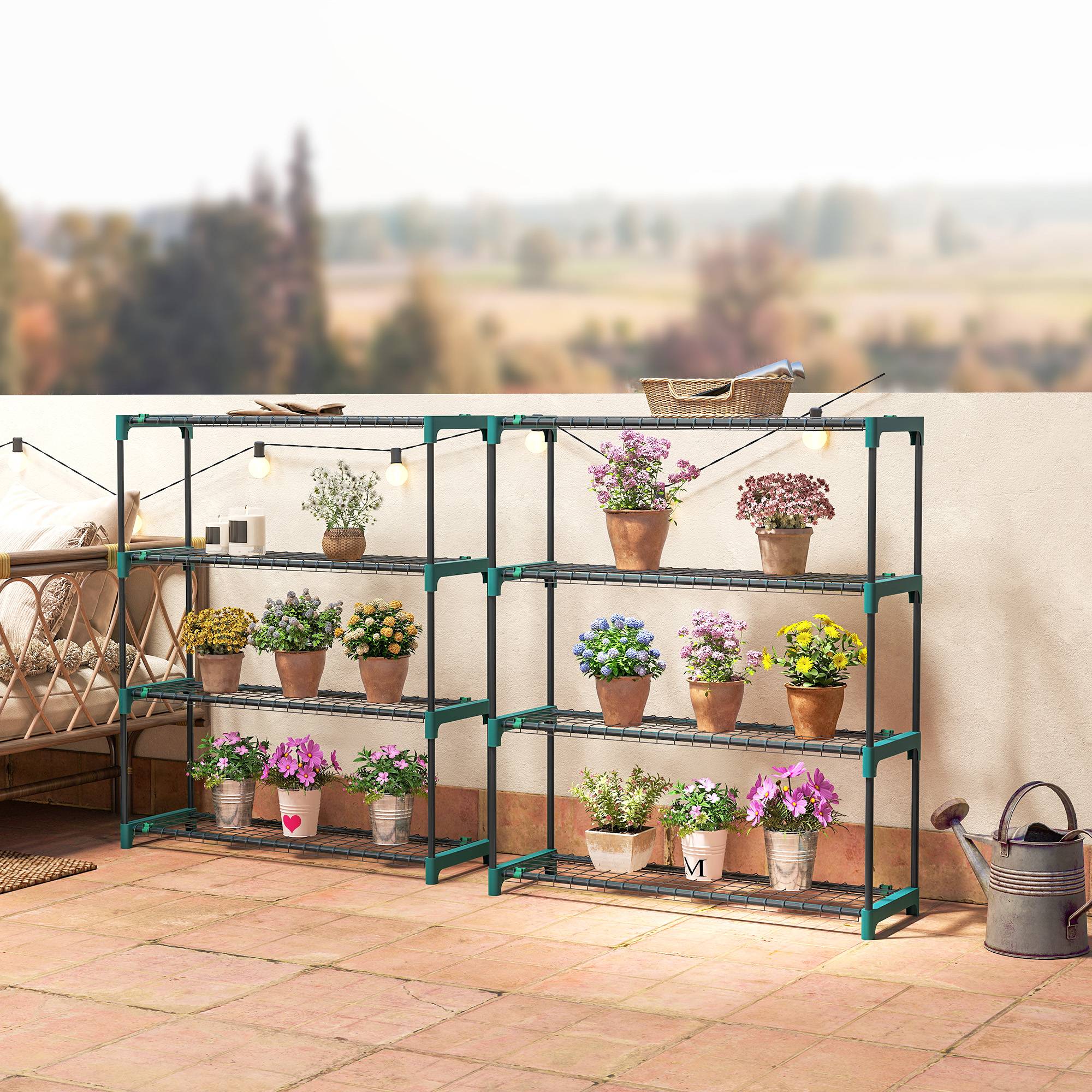 Ensemble de 2 supports à plantes d'intérieur et d'extérieur à 4 niveaux, étagères métalliques avec connecteurs, montage facile, vert - Image 4