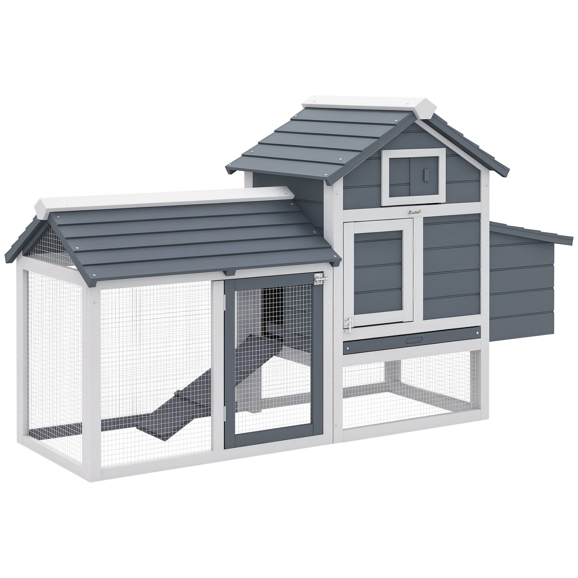 Sans Marque - Poulailler 2 enclos grillagés toit ouvrant pondoir plateau amovible rampe 150,5x54x87 cm gris