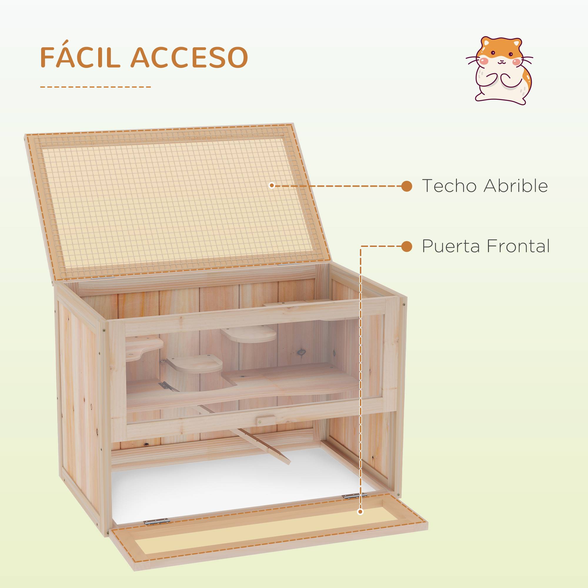Cage à hamster en bois à 2 niveaux, petite maison pour animaux avec plateformes et échelles, 60 x 35 x 42 cm, bois naturel - Image 7